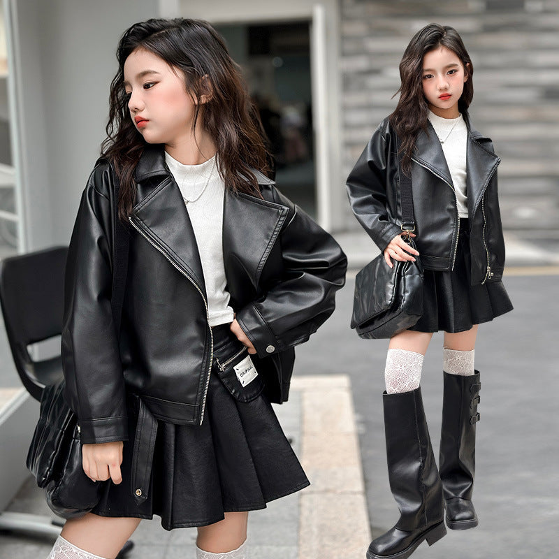 Girls' PU Leather Jacket, Korean-Style Motorcycle Spring Autumn
