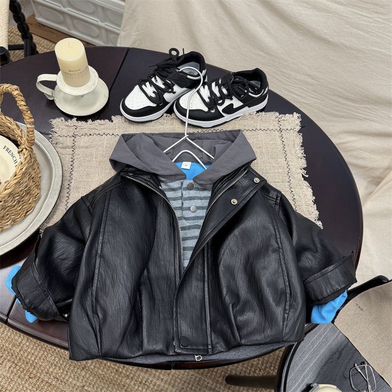 Boys' Korean Style PU Leather Jacket – Retro Lapel Coat