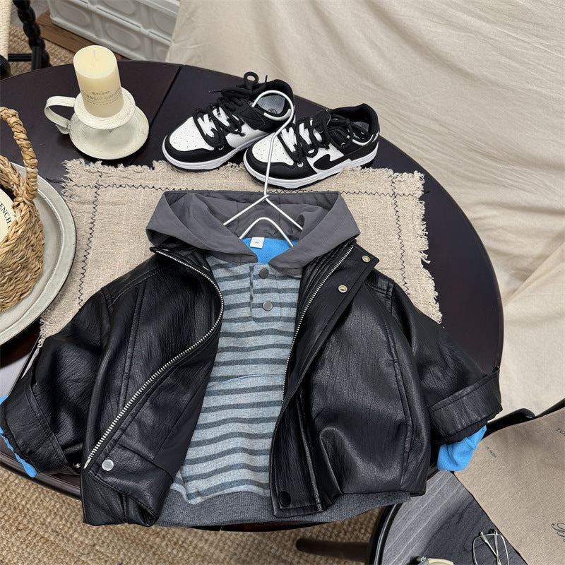 Boys' Korean Style PU Leather Jacket – Retro Lapel Coat