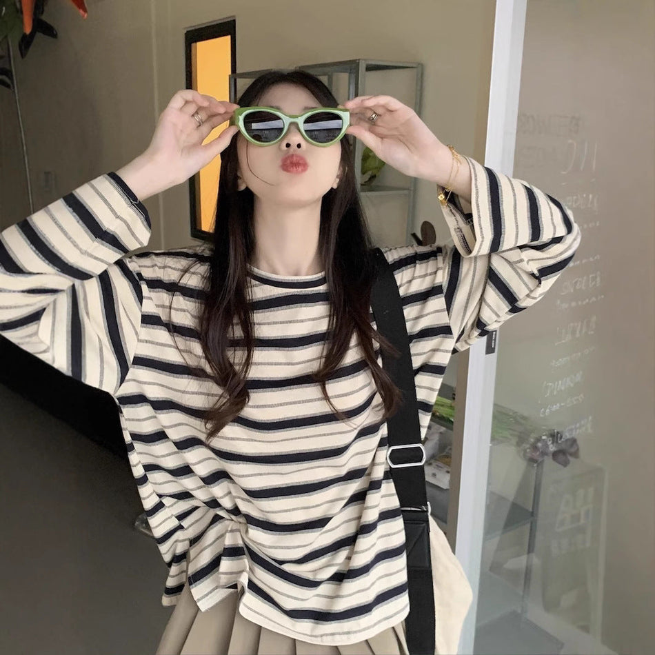 Women's Striped Slit Top, Round Neck Long Sleeve T-Shirt