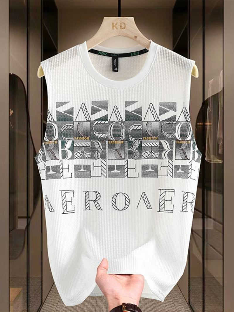 Men's Ice Silk Jacquard Sleeveless Round Neck Summer Tank Top
