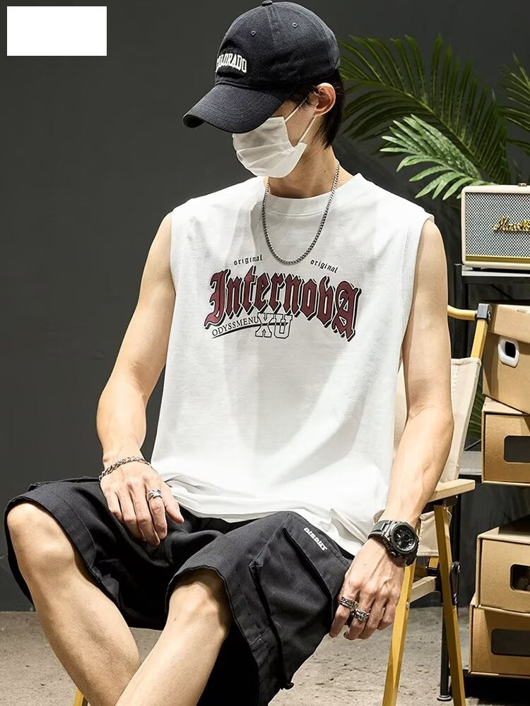 Men's Pure Cotton Letter Print Sleeveless Retro Tank Top