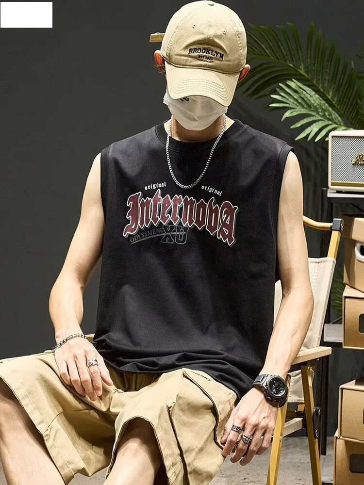 Men's Pure Cotton Letter Print Sleeveless Retro Tank Top
