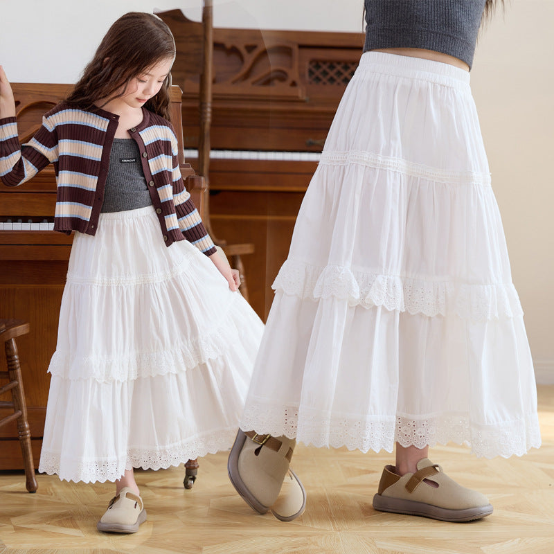 Girls' Cotton Lace High-Waist White Long Cake Skirt
