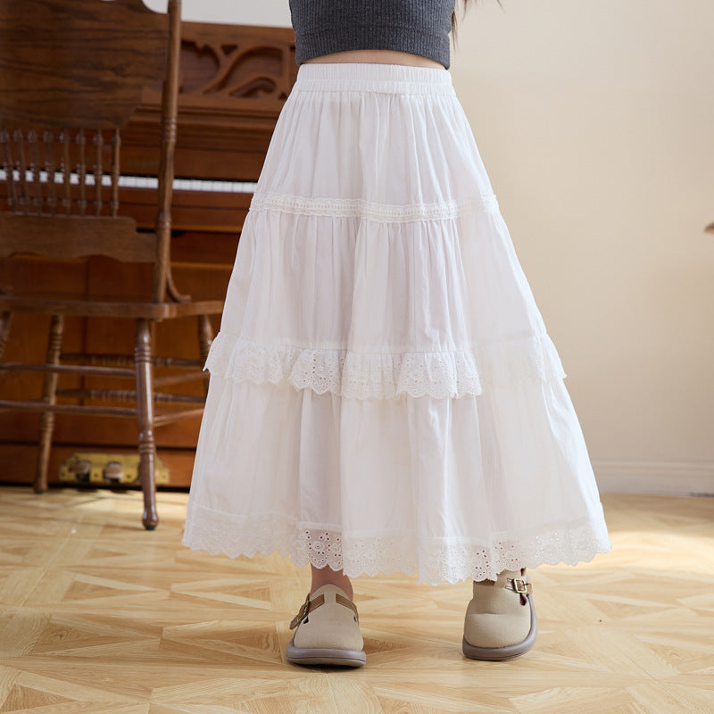 Girls' Cotton Lace High-Waist White Long Cake Skirt