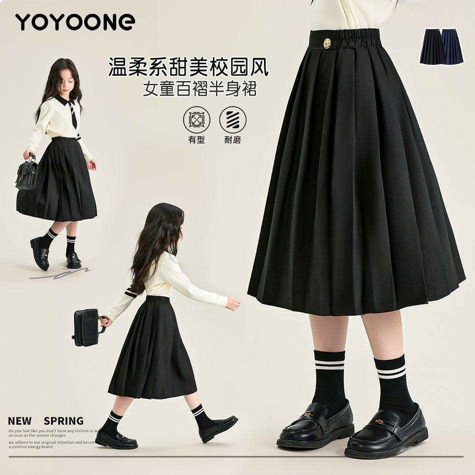 Girls' Cotton Black Pleated Mid-Length Skirt for Spring Autumn