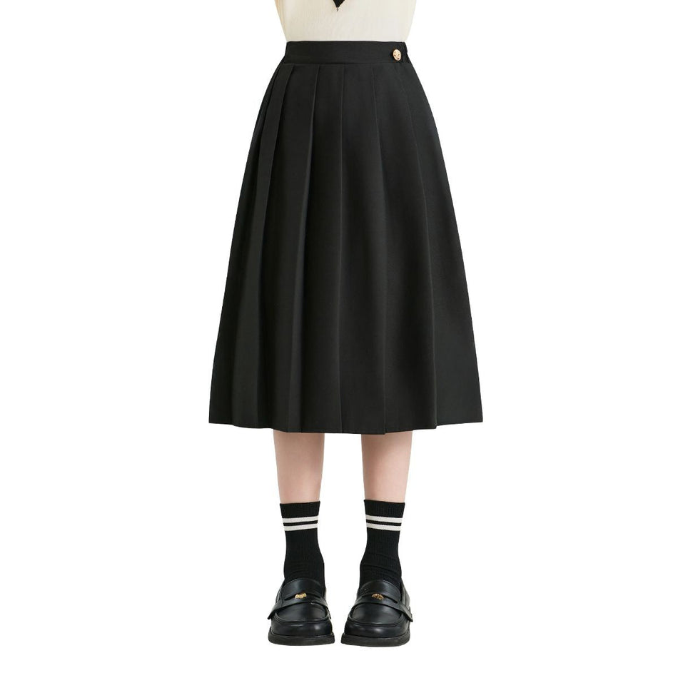 Girls' Cotton Black Pleated Mid-Length Skirt for Spring Autumn