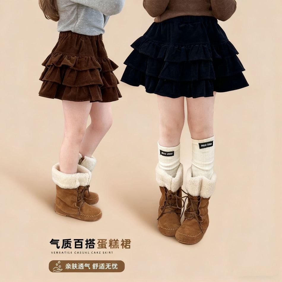 Girls' Corduroy Pleated Three-Layer Cake Skirt