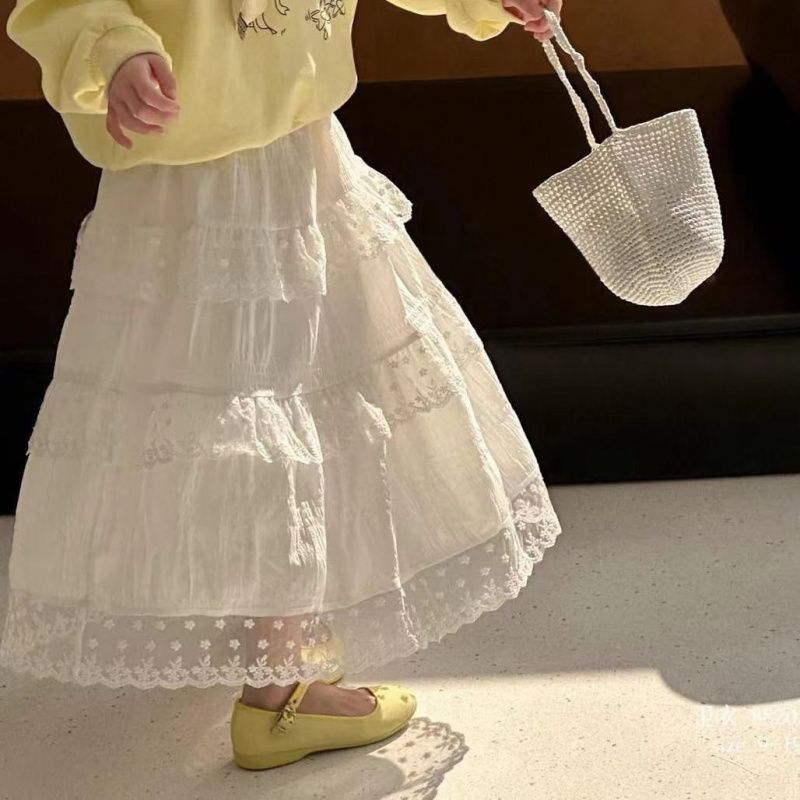 Girls' Cotton Mesh White Lace Stitching Cake Skirt