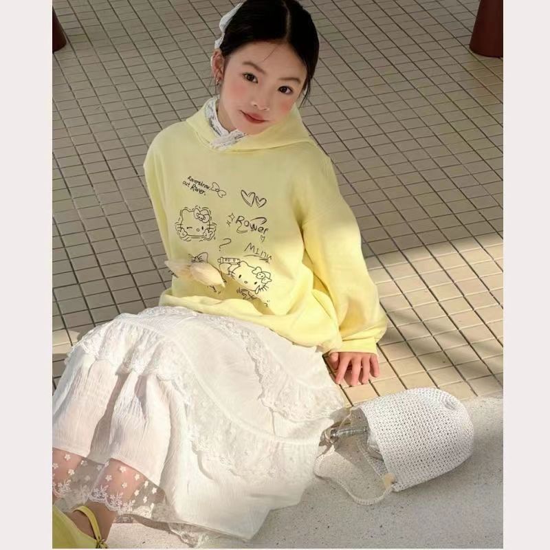 Girls' Cotton Mesh White Lace Stitching Cake Skirt