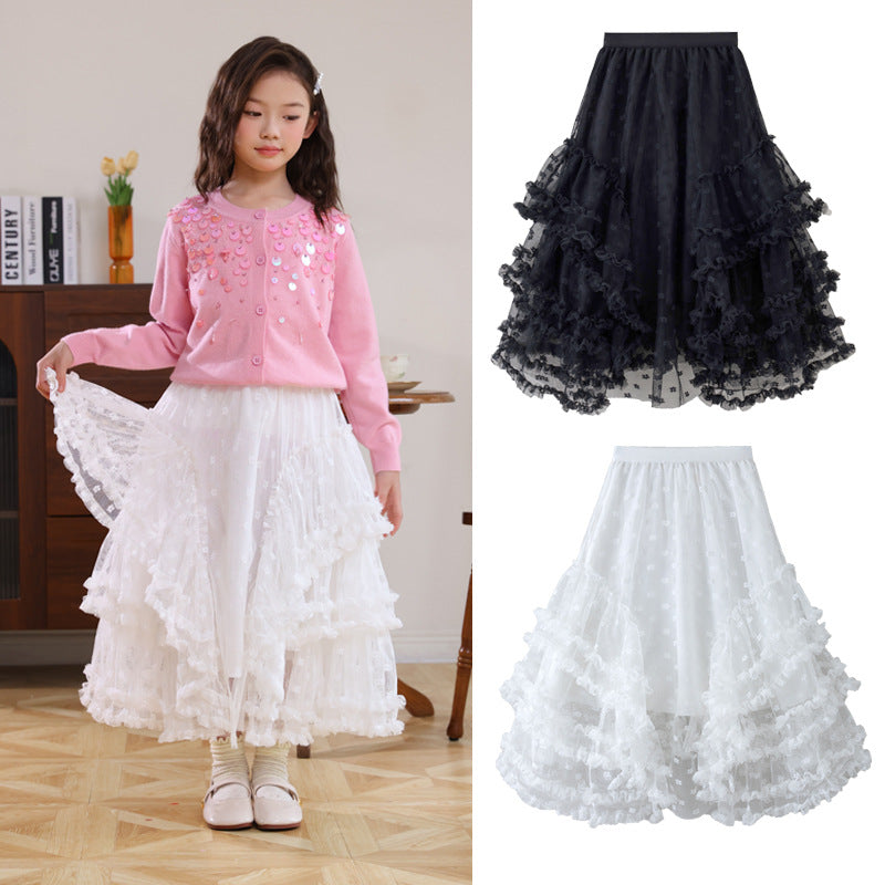 Girls' Polyester Lace Cake Midi Skirt for Spring Autumn