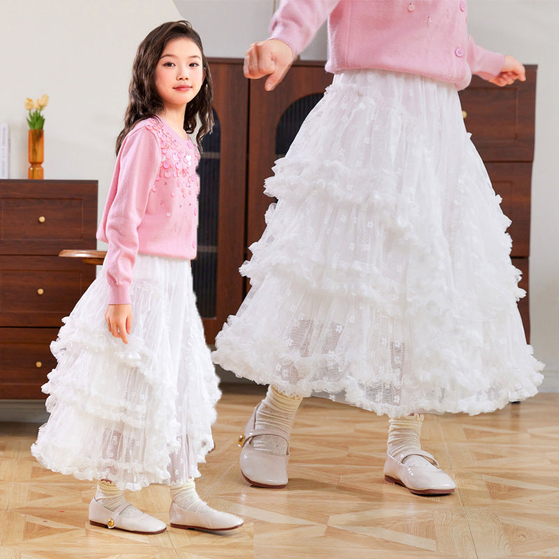 Girls' Polyester Lace Cake Midi Skirt for Spring Autumn