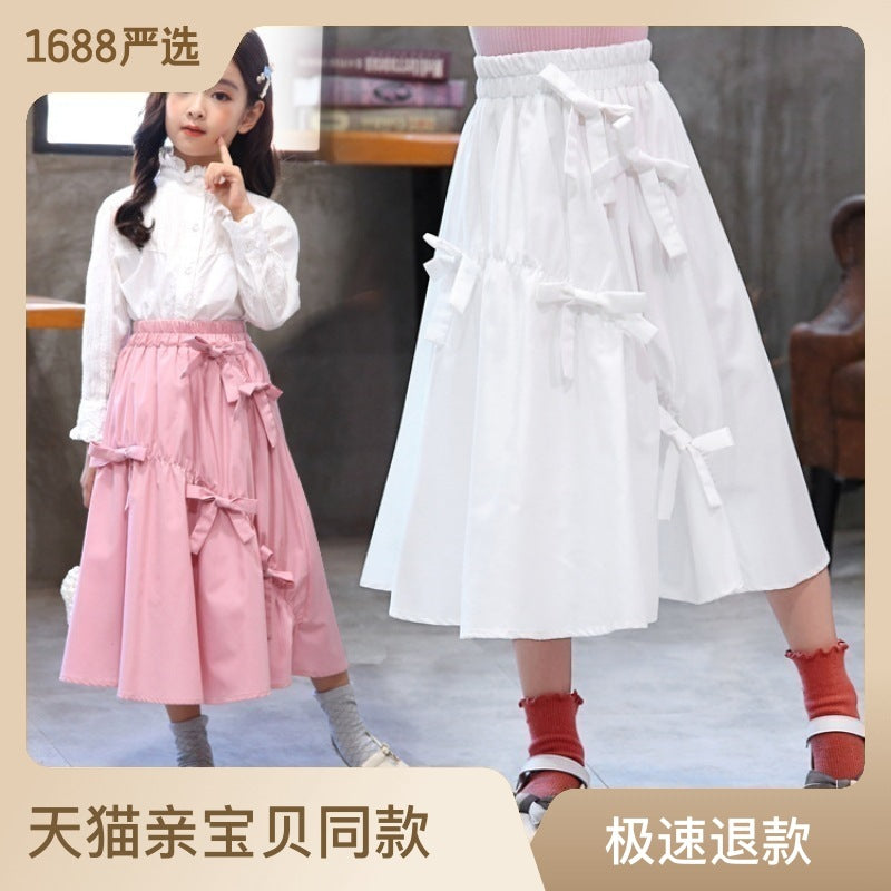 Girls' Cotton Blend Bow Pleated Mid-Length Skirt