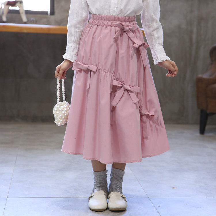 Girls' Cotton Blend Bow Pleated Mid-Length Skirt