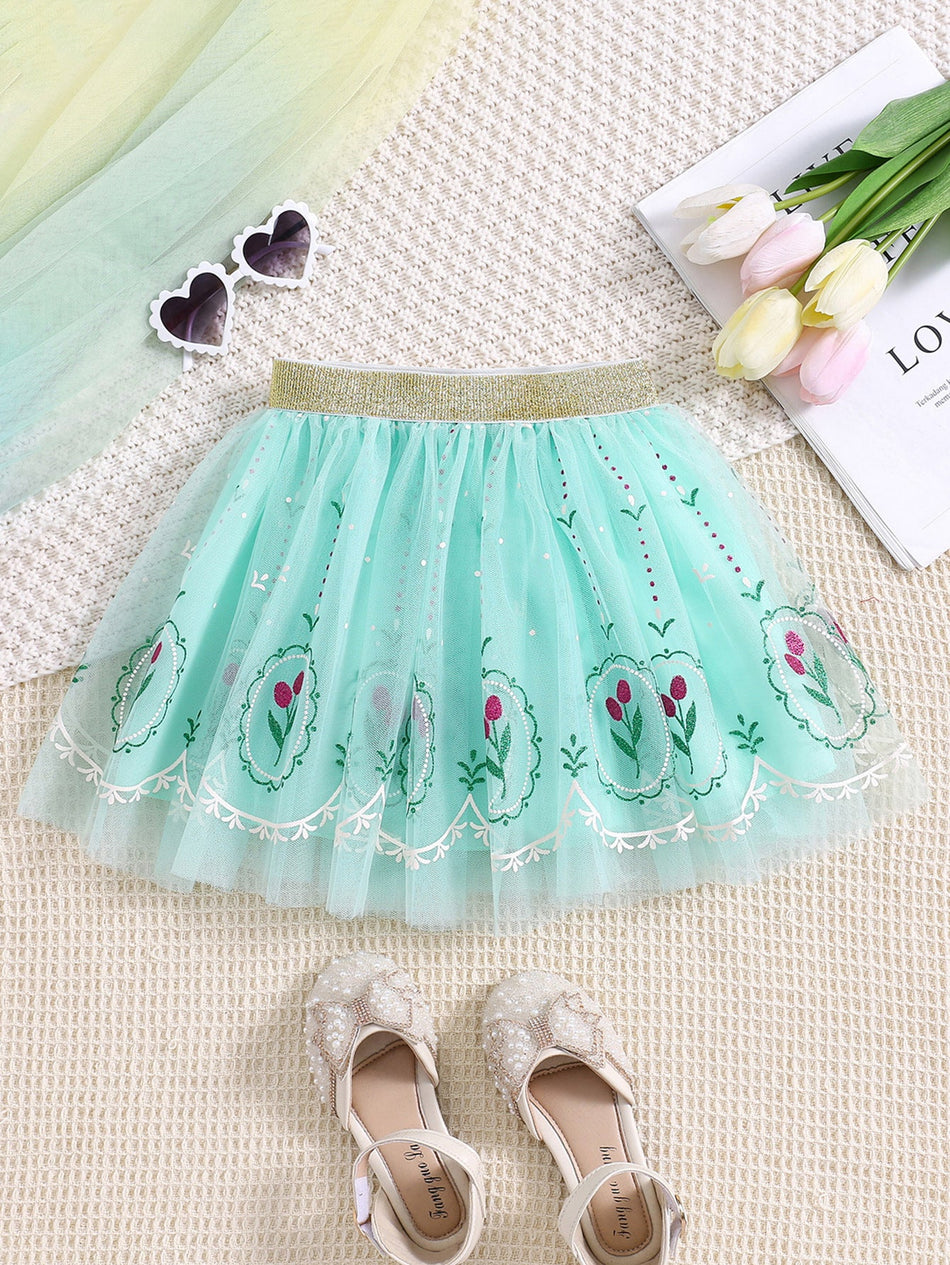 Girls' Embroidered Lace Mesh Princess Cake Skirt