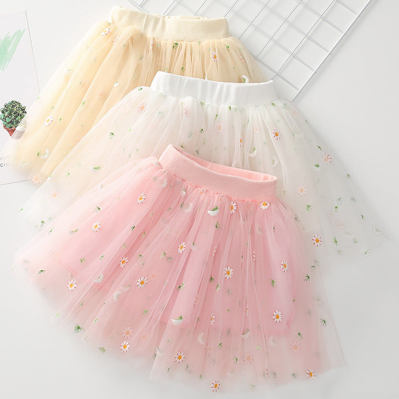 Girls' Chrysanthemum Embroidered Mesh Cake Skirt