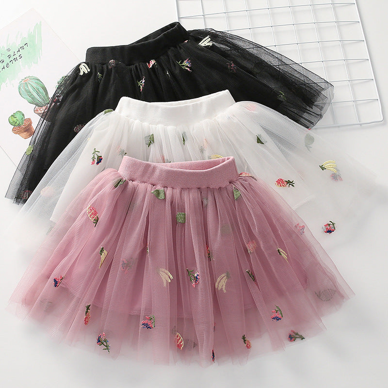 Girls' Banana Pineapple Embroidered Mesh Cake Skirt