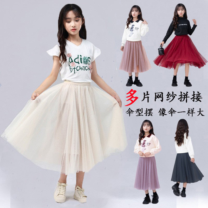 Girls' Soft Mesh A-Line Midi Skirt with Layered Stitching
