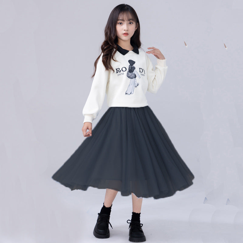 Girls' Soft Mesh A-Line Midi Skirt with Layered Stitching