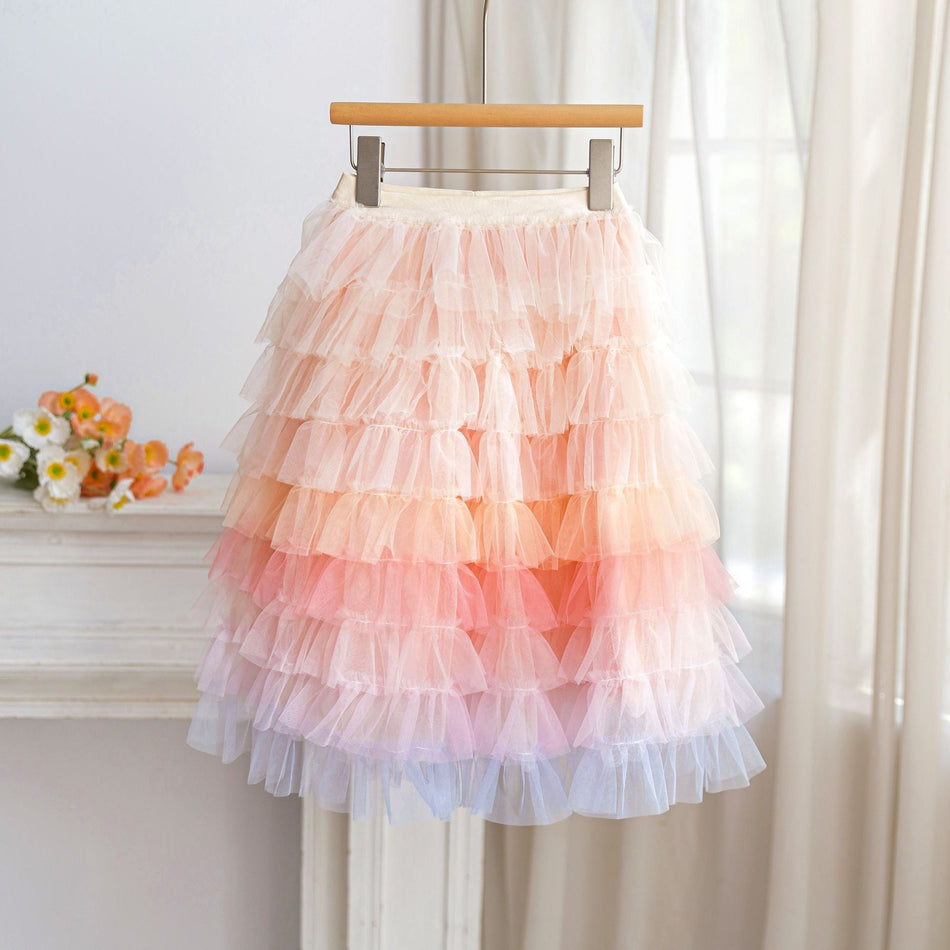Girls' Rainbow Mesh Cake Skirt with Layered Princess Design