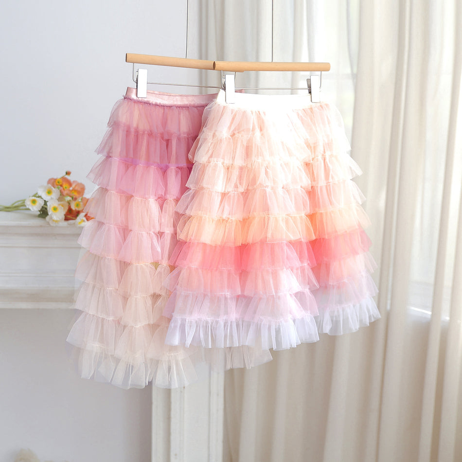 Girls' Rainbow Mesh Cake Skirt with Layered Princess Design