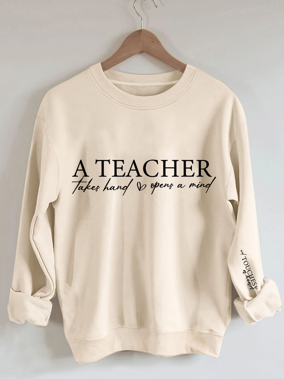 Women's Cozy Teacher Print Pullover Crew Neck Sweatshirt