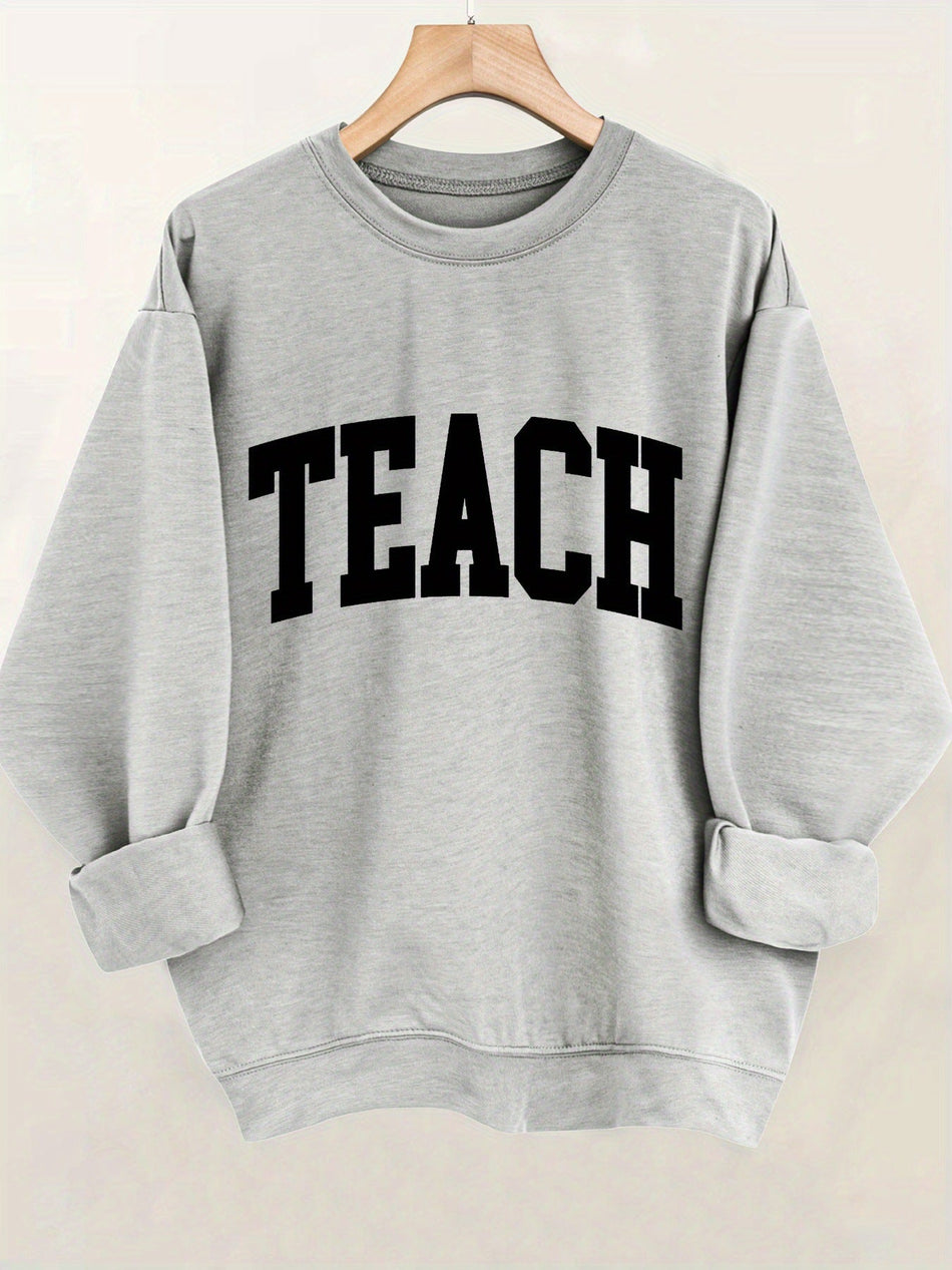 Women's Teach Print Fleece Sweatshirt Cozy Casual White