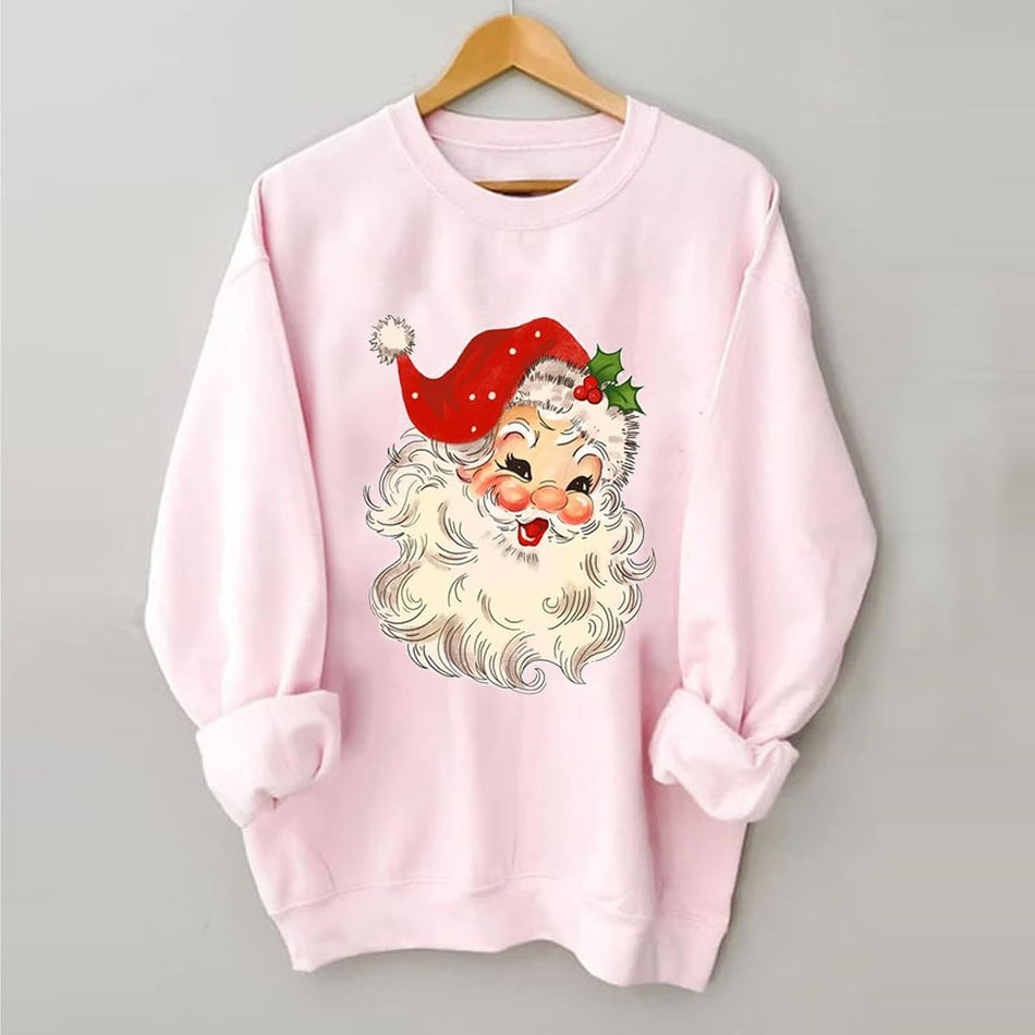Women's Pink Christmas Printed Pullover Sweatshirt Loose Fit