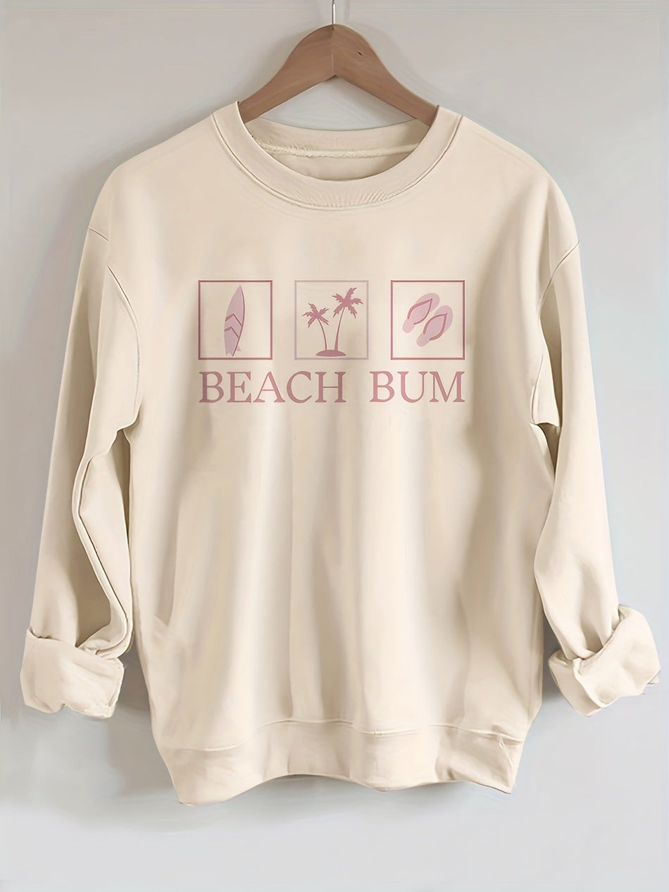 Women's Beach Bum Print Pullover Casual Crew Neck Sweatshirt