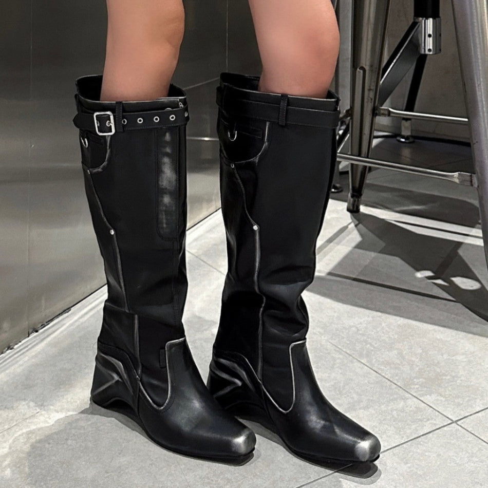 Women's Long Pleated Western Cowboy Boots Wide Cut Retro Style