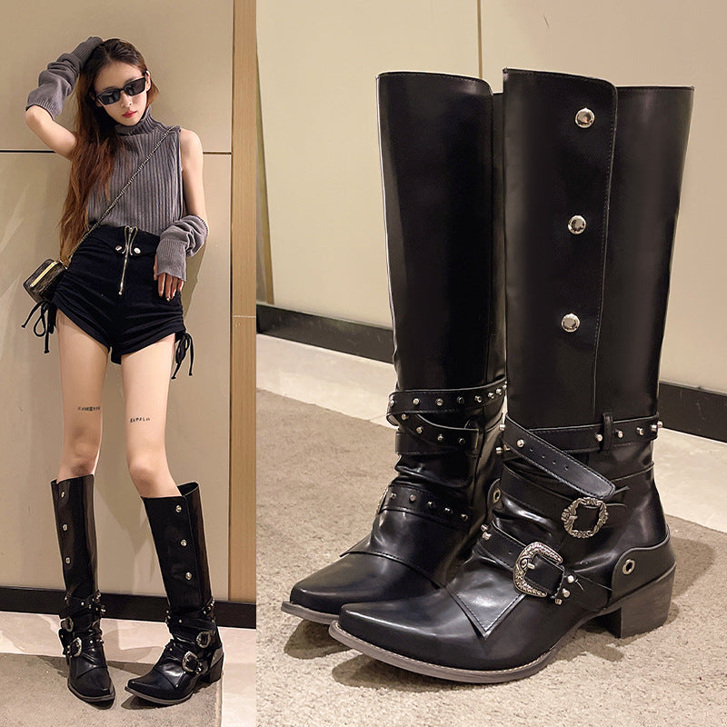 Women's Punk Over Knee Leather Boots Thick High Heel Style