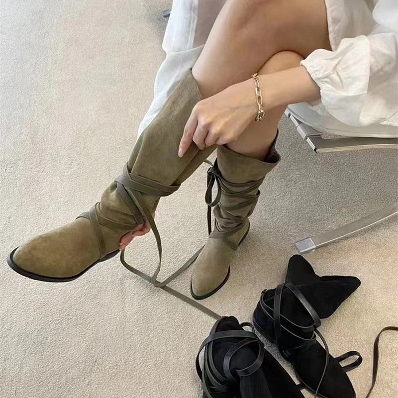 Women's Retro Knight Lace-Up Pointed Toe Leather Cowboy Boots