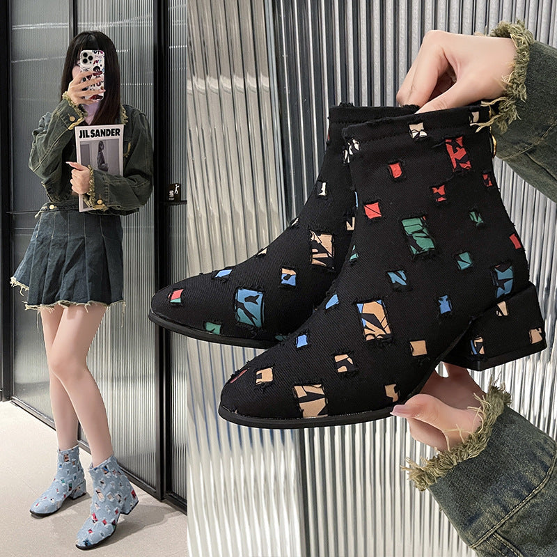 Women's Round Toe Denim Short Boots Thick Heel Martin Style