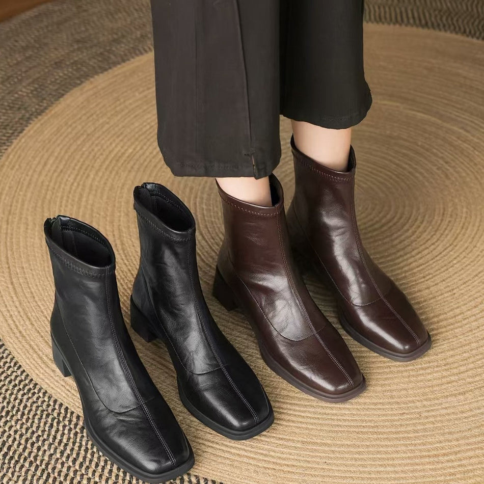 Women's British Style Soft Leather Chunky Heel Martin Boots