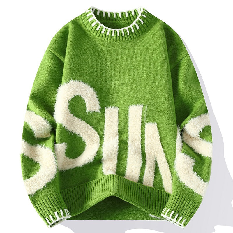 Men's Loose Non-Iron Cable-Knit Crewneck Long-Sleeve Sweater