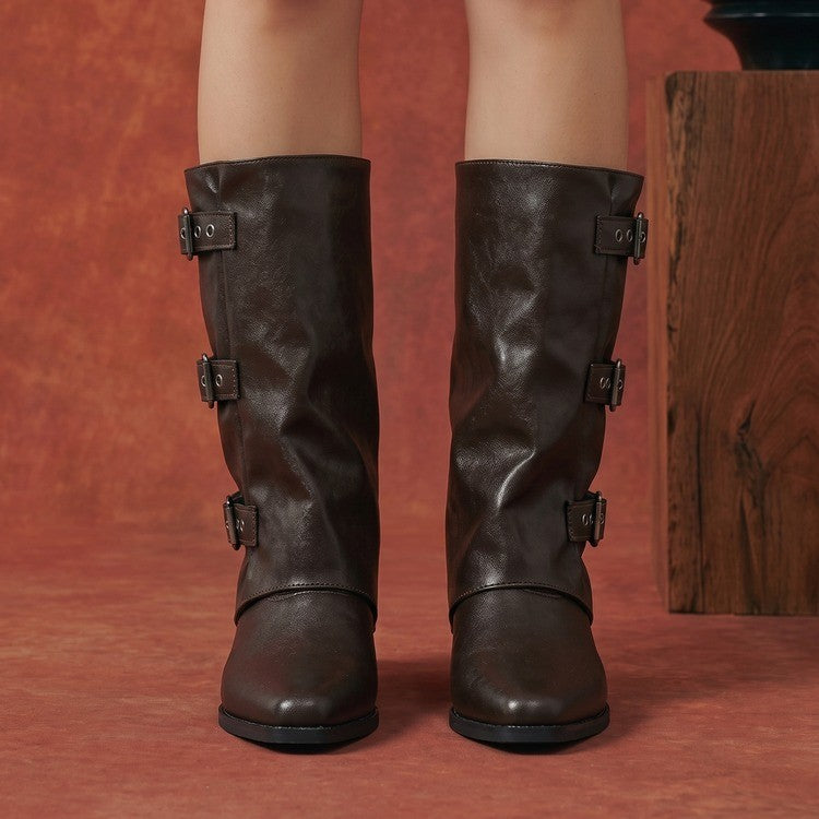 Women's Mid-Calf Knight Leather Boots Wide Pointed Buckle Style