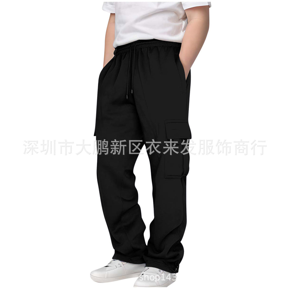 Kids' Fleece Multi-Pocket Sports Pants with Drawstring Waist