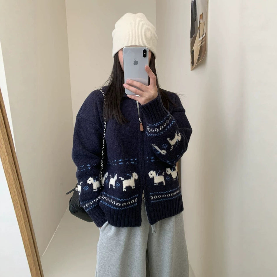 Women's Korean Jacquard Knit Zipper Cardigan Retro Sweater Coat