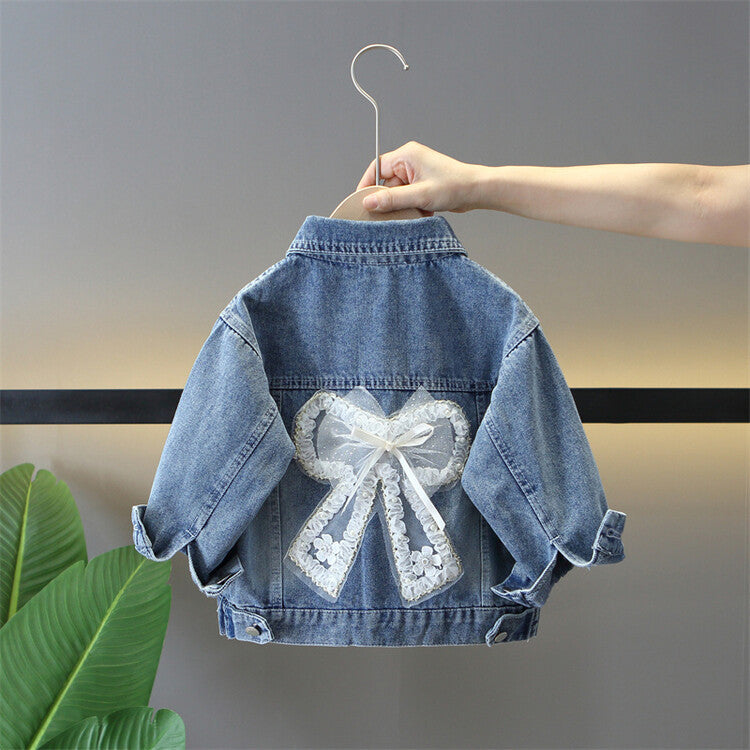 Girls' Cotton Denim Bowknot Jacket for Spring and Autumn