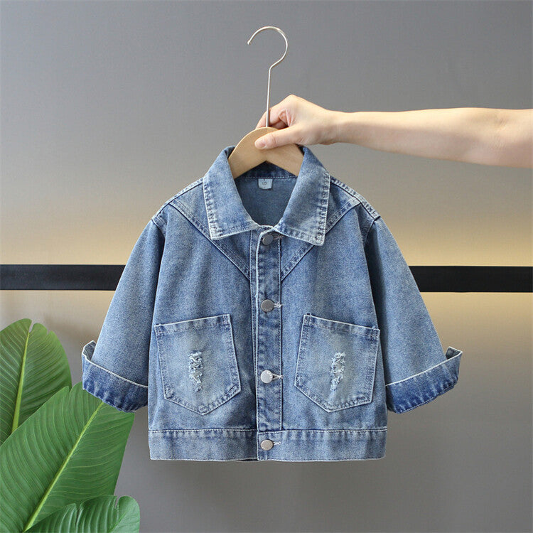 Girls' Cotton Denim Bowknot Jacket for Spring and Autumn