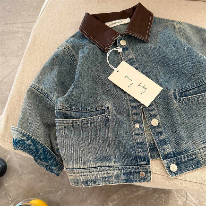 Kids' Cotton Lapel Denim Jacket for Autumn Korean Style