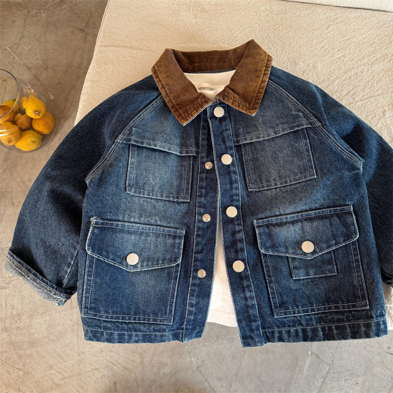 Kids Color-Block Denim Jacket with Turn-Down Collar