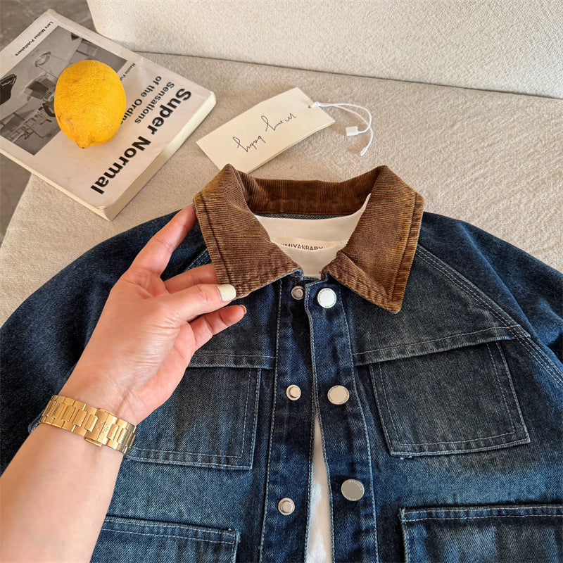 Kids Color-Block Denim Jacket with Turn-Down Collar