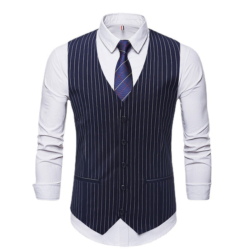 Men's Straight V-Neck Striped Single-Breasted Vest