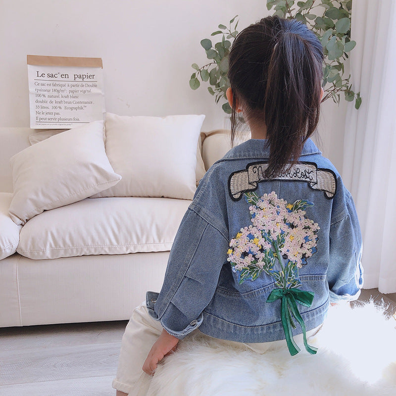 Girls' Floral Denim Jacket with Retro Korean-Style Design