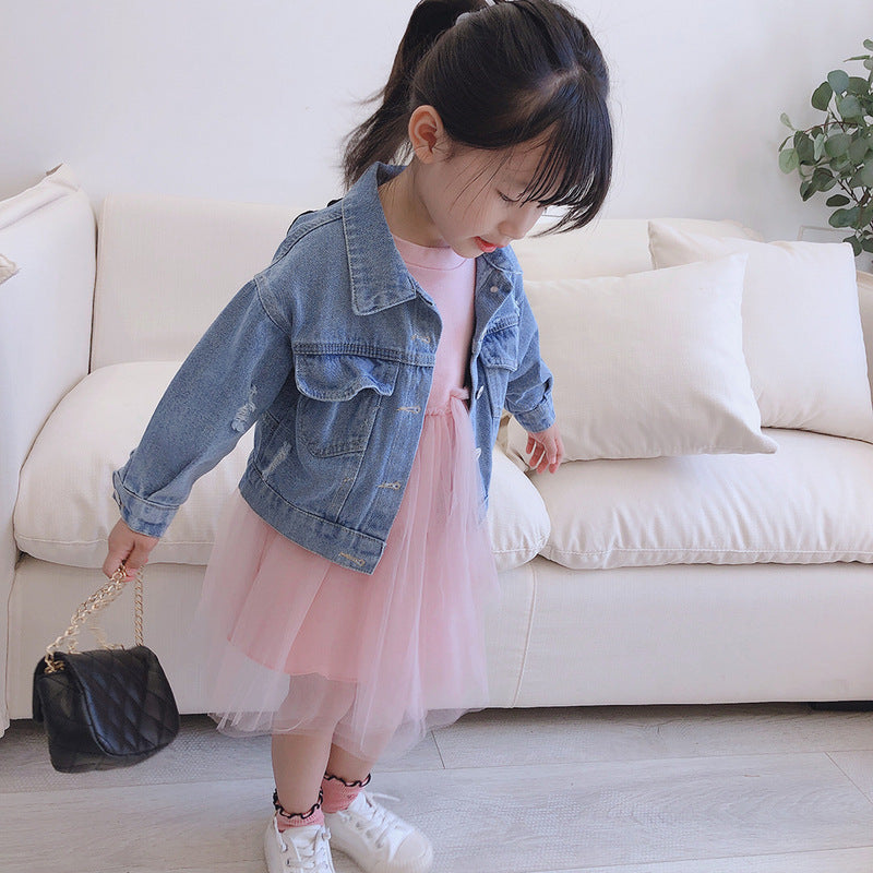 Girls' Floral Denim Jacket with Retro Korean-Style Design