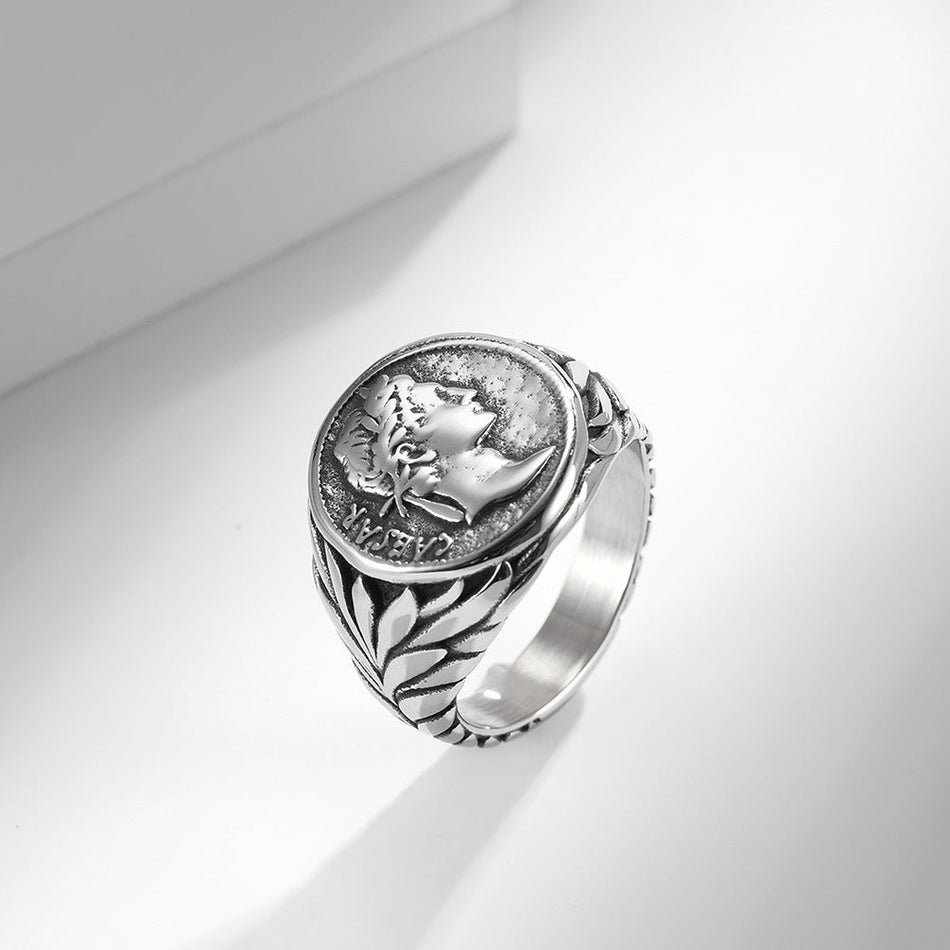 Roman Caesar Coin Stainless Steel Retro Statement Ring