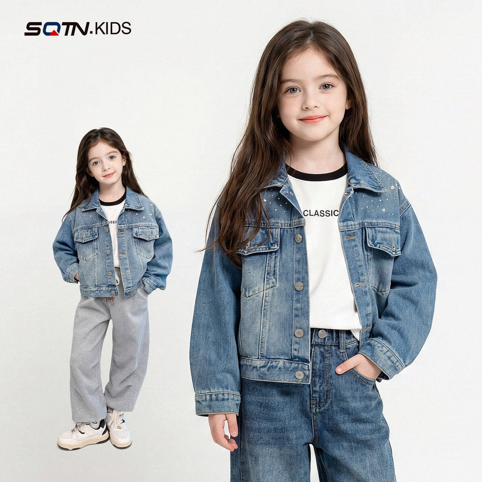 Girls' Denim Jacket with Retro Lapel and Soft Cotton Blend