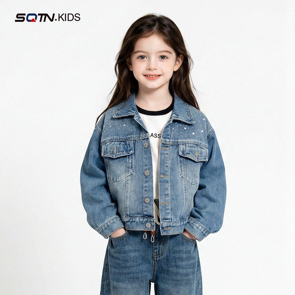 Girls' Denim Jacket with Retro Lapel and Soft Cotton Blend