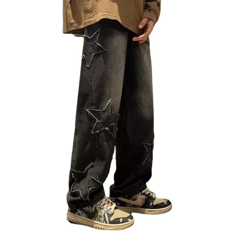 Men's Retro Mid-Waist Straight-Leg Washed Jeans